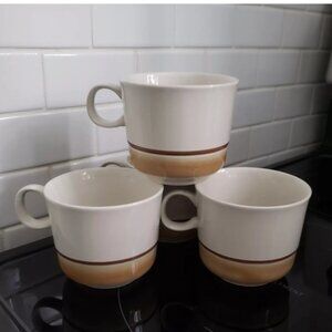 8-pc Water Colors Hearthside Vintage Teacups Mugs Saucers 1970 MCM Beige Stripe